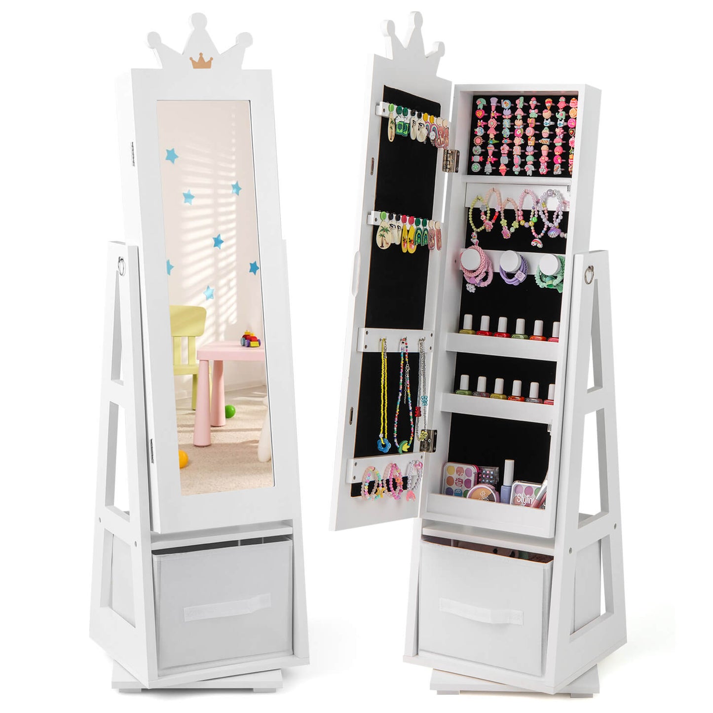 Infans Kids Jewelry Cabinet withFull-Length Mirror Foldable Drawer Anti-toppling SystemWhite