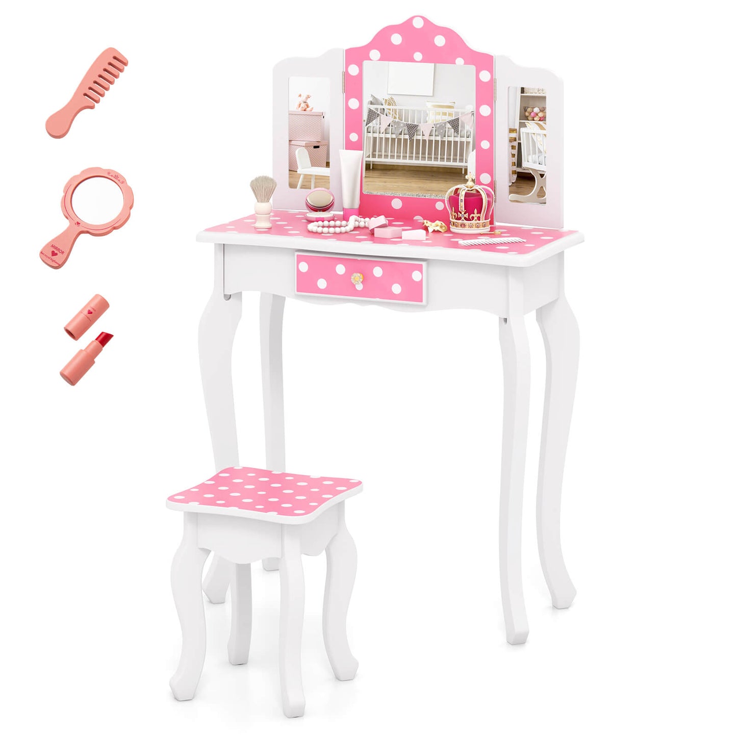 Infans Kids Vanity Table & Stool Set w/ Cute Polka Dot Print Tri-folding Mirror Drawer