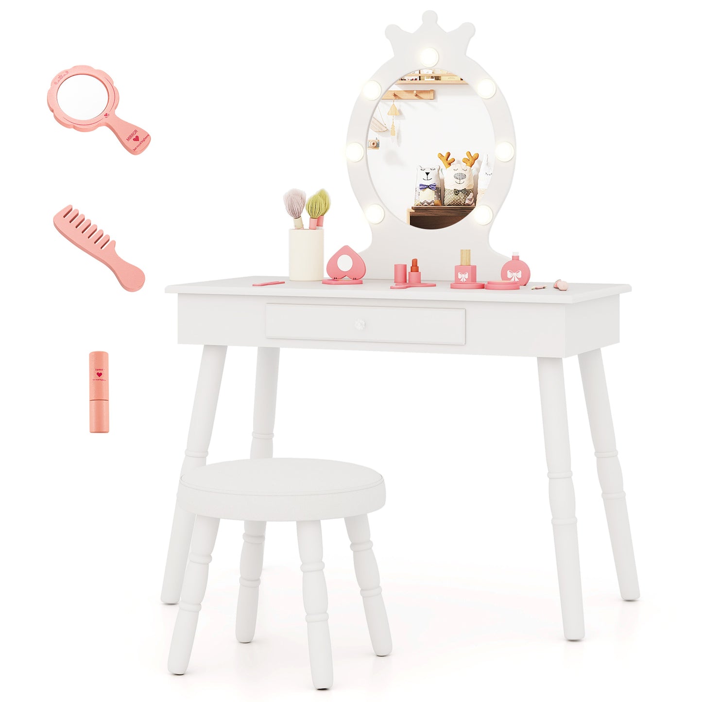 Infans Kids Vanity Set Princess Vanity Table & Chair Set with Lighted MirrorWhite