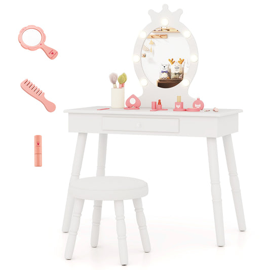 Infans Kids Vanity Set Princess Vanity Table & Chair Set with Lighted MirrorWhite