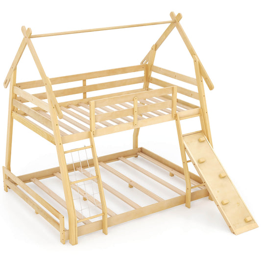 Infans Twin Over Queen Bunk Bed House Shaped Bed Frame with Climbing Nets and RampNatural