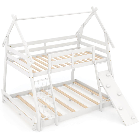 Infans Twin Over Queen Bunk Bed House Shaped Bed Frame with Climbing Nets and RampWhite