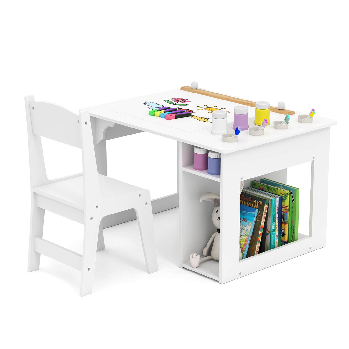 Infans Kid?¡¥s Art Table & Chair Set with Paper Roll 4 Paint Cups & 2 Storage Shelves