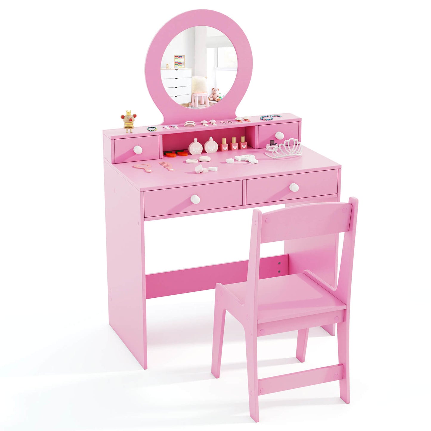 Infans Kids Vanity Set Desk and Chair Set with Mirror Open Shelf and 4 Storage DrawersPink