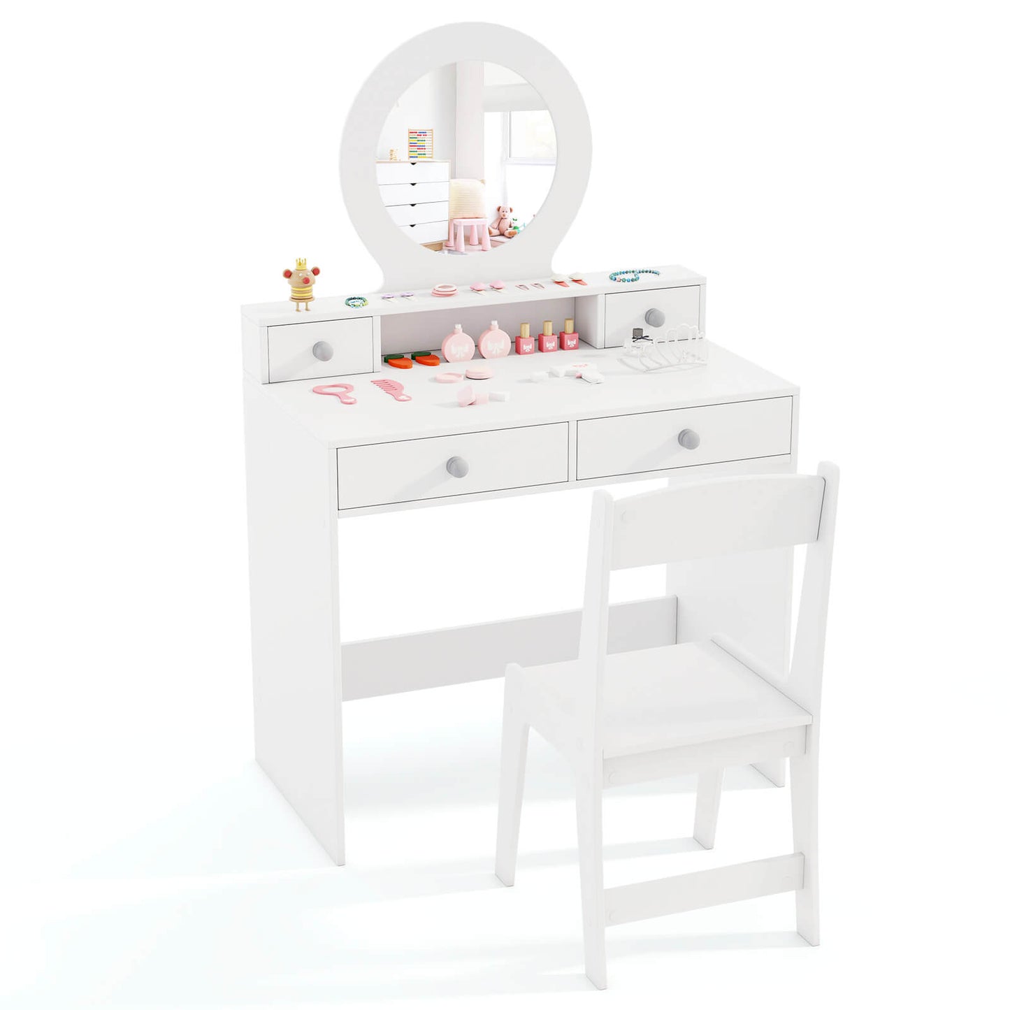 Infans Kids Vanity Set Desk and Chair Set with Mirror Open Shelf and 4 Storage DrawersWhite