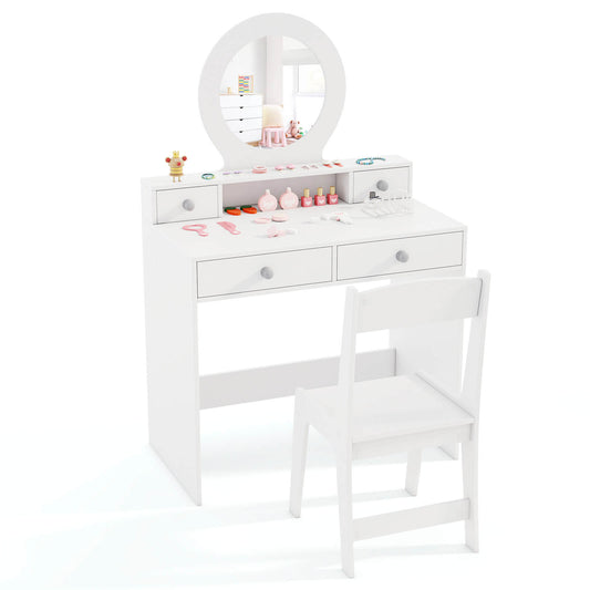 Infans Kids Vanity Set Desk and Chair Set with Mirror Open Shelf and 4 Storage DrawersWhite