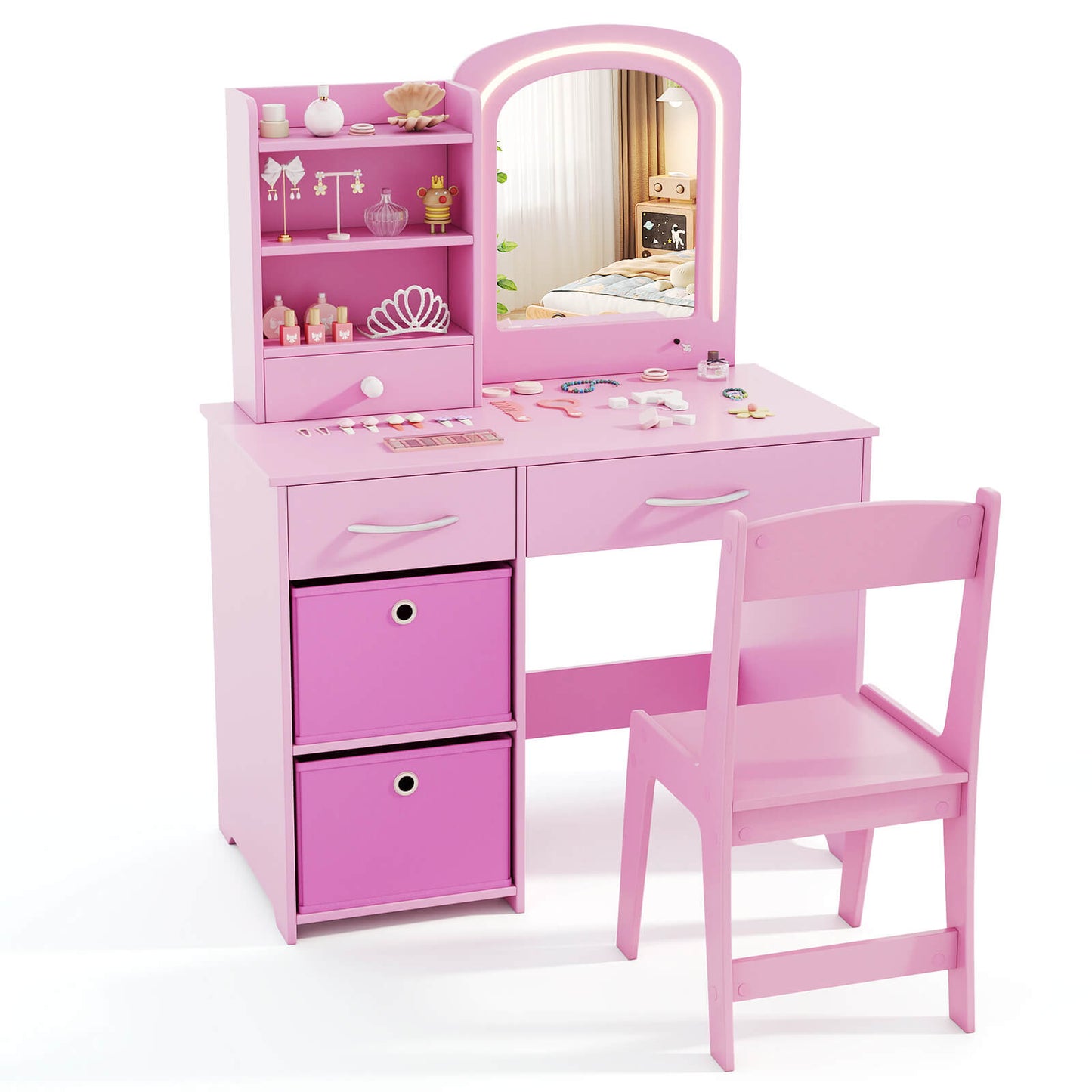 Infans Kids Vanity Set Princess Makeup Desk and Chair w/ Mirror and Lights Open ShelvesPink