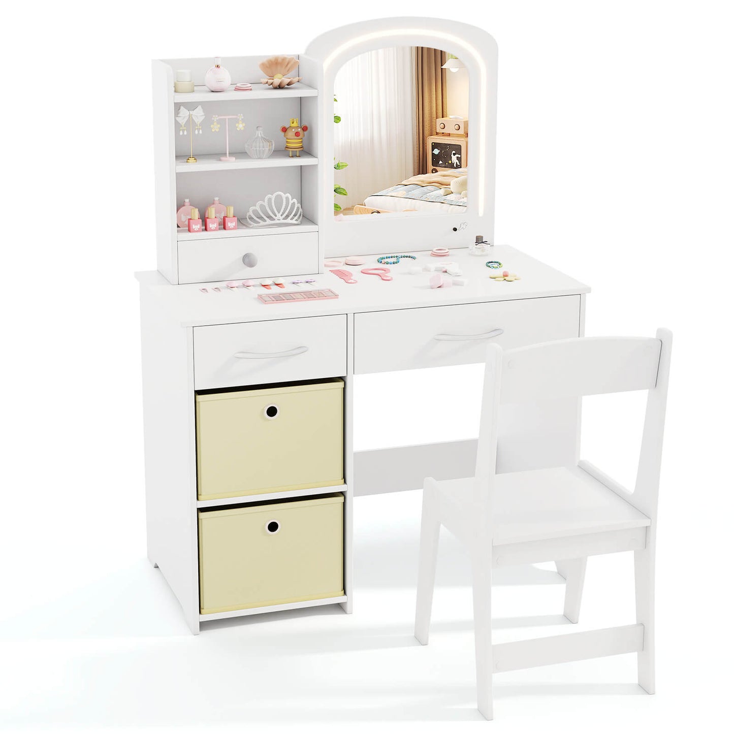 Infans Kids Vanity Set Princess Makeup Desk and Chair w/ Mirror and Lights Open ShelvesWhite