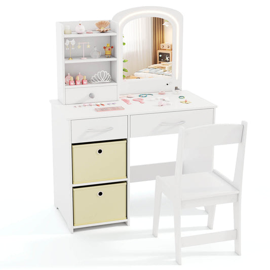 Infans Kids Vanity Set Princess Makeup Desk and Chair w/ Mirror and Lights Open ShelvesWhite
