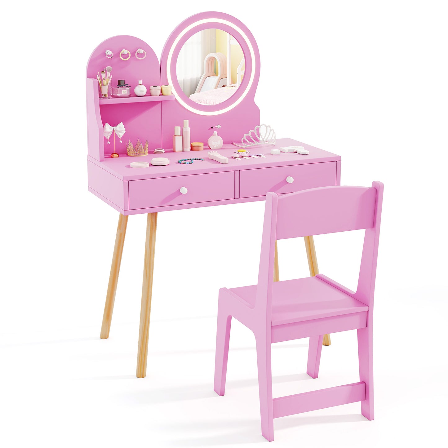 Infans Kids Vanity Set with Lighted Mirror Princess Makeup Dressing Desk and Chair SetPink