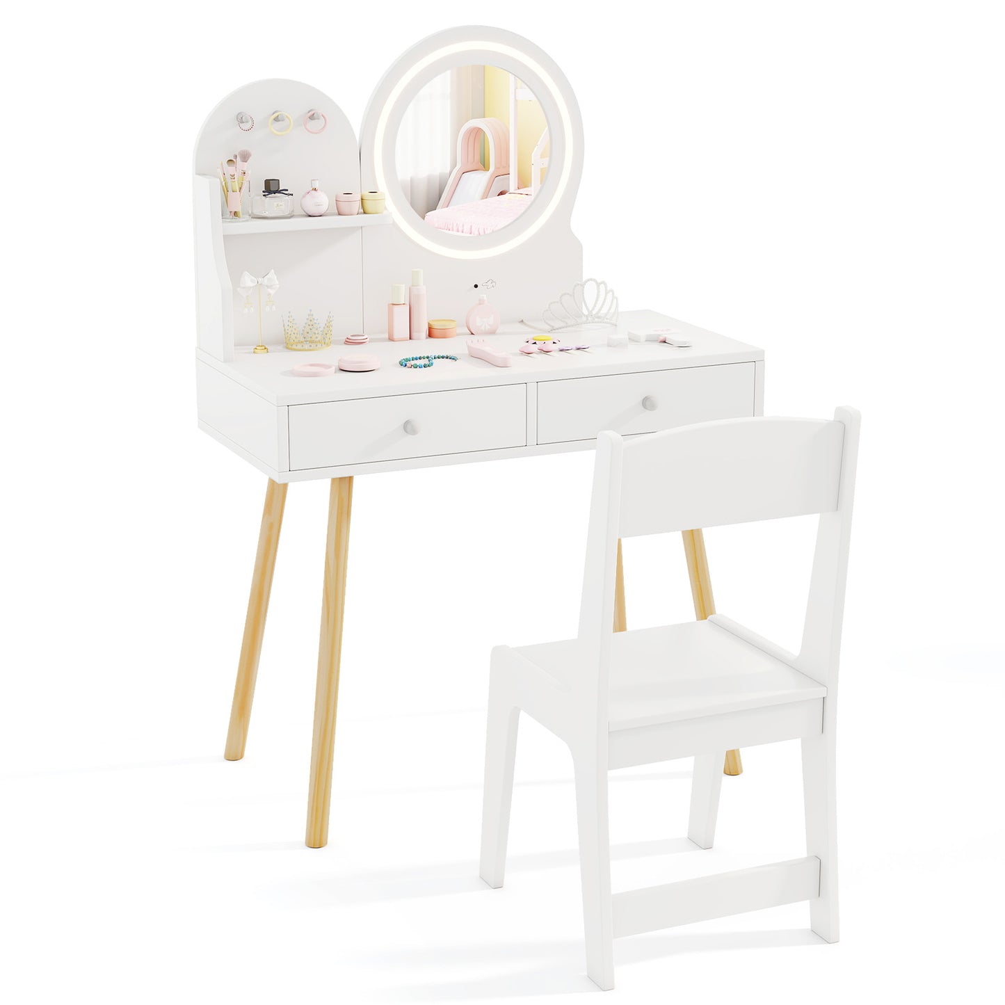 Infans Kids Vanity Set with Lighted Mirror Princess Makeup Dressing Desk and Chair SetWhite