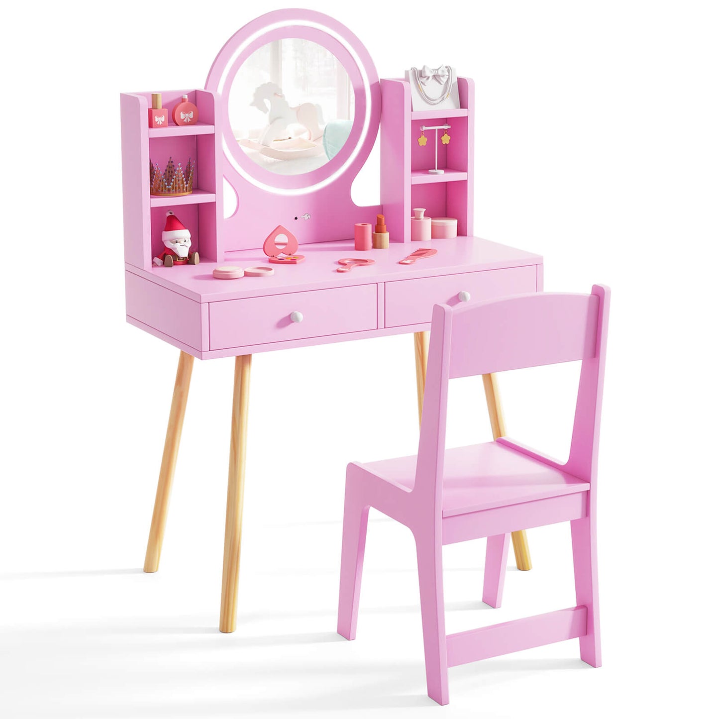 Infans Kids Vanity Set Princess Vanity Desk Set with 2-Color LED Lighted Acrylic MirrorPink