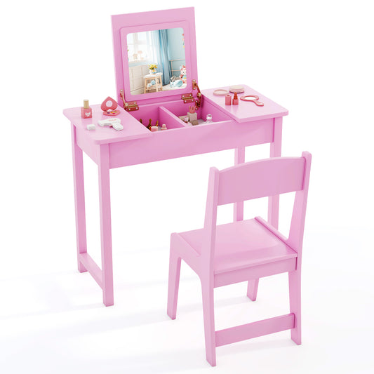 Infans Kids Vanity Table and Chair Set 2-in-1 Princess Makeup Dressing Desk SetPink