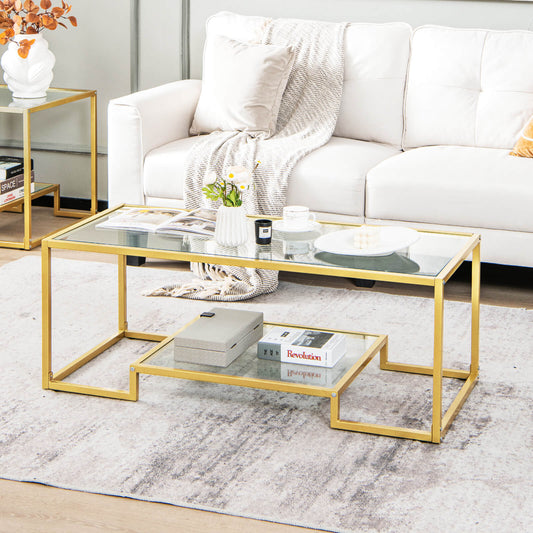 Infans 45'' Coffee Table Rectangular Tempered Glass Accent Table W/ Shelf Living Room