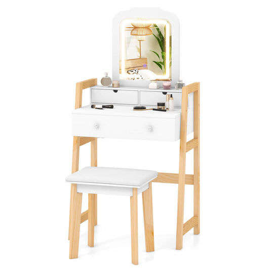Infans Vanity Desk Set with Mirror 3-Color LED Lights Drawers Solid Pine Wood Legs