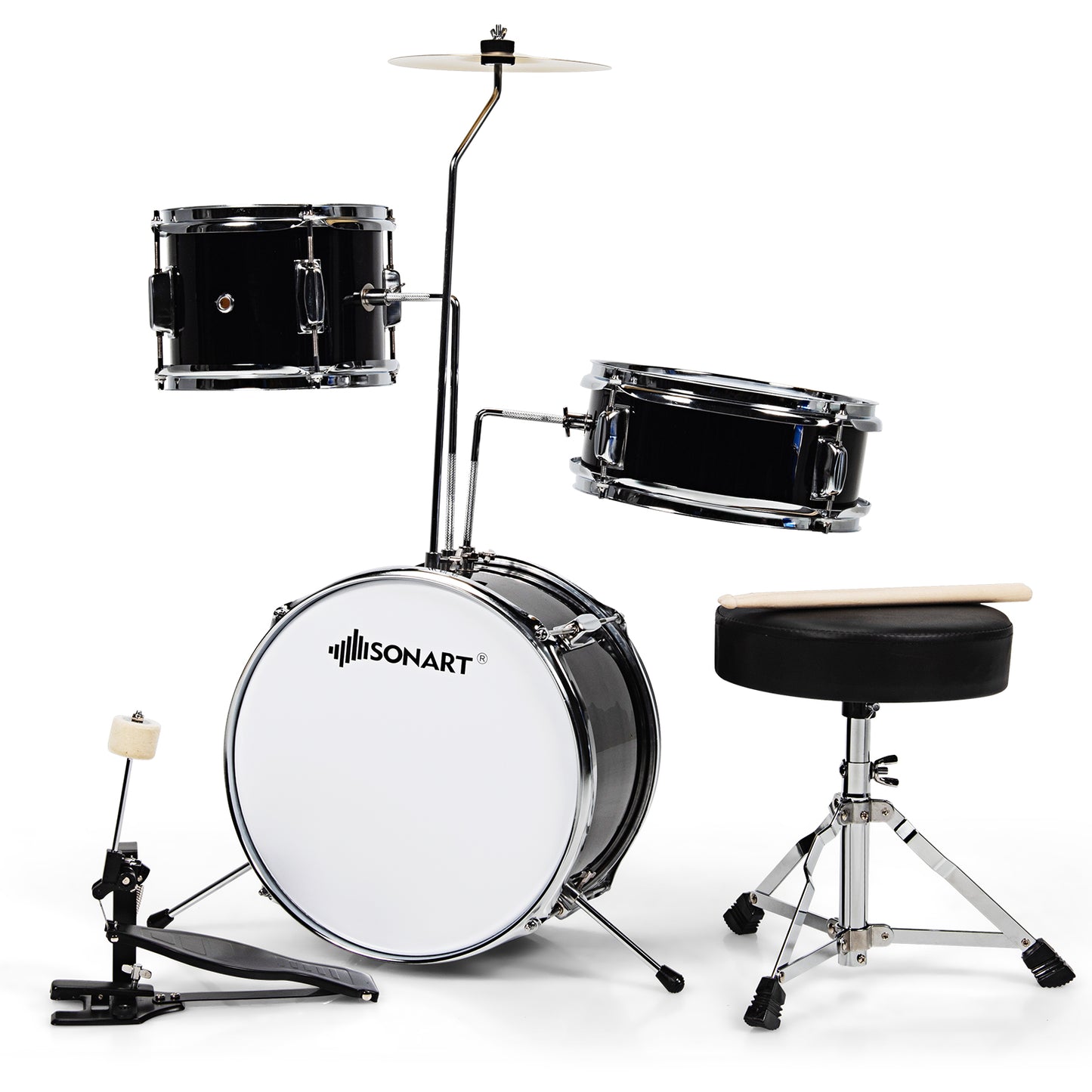 Infans 13 Inch 3-Piece Kids Junior Beginner Drum Set w/Tom Snare Bass Drum Black