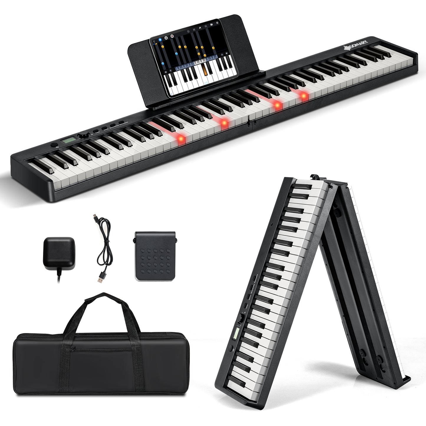 Infans 88-Key Folding Electric Lighted Piano Full Size Portable Keyboard MIDI Black