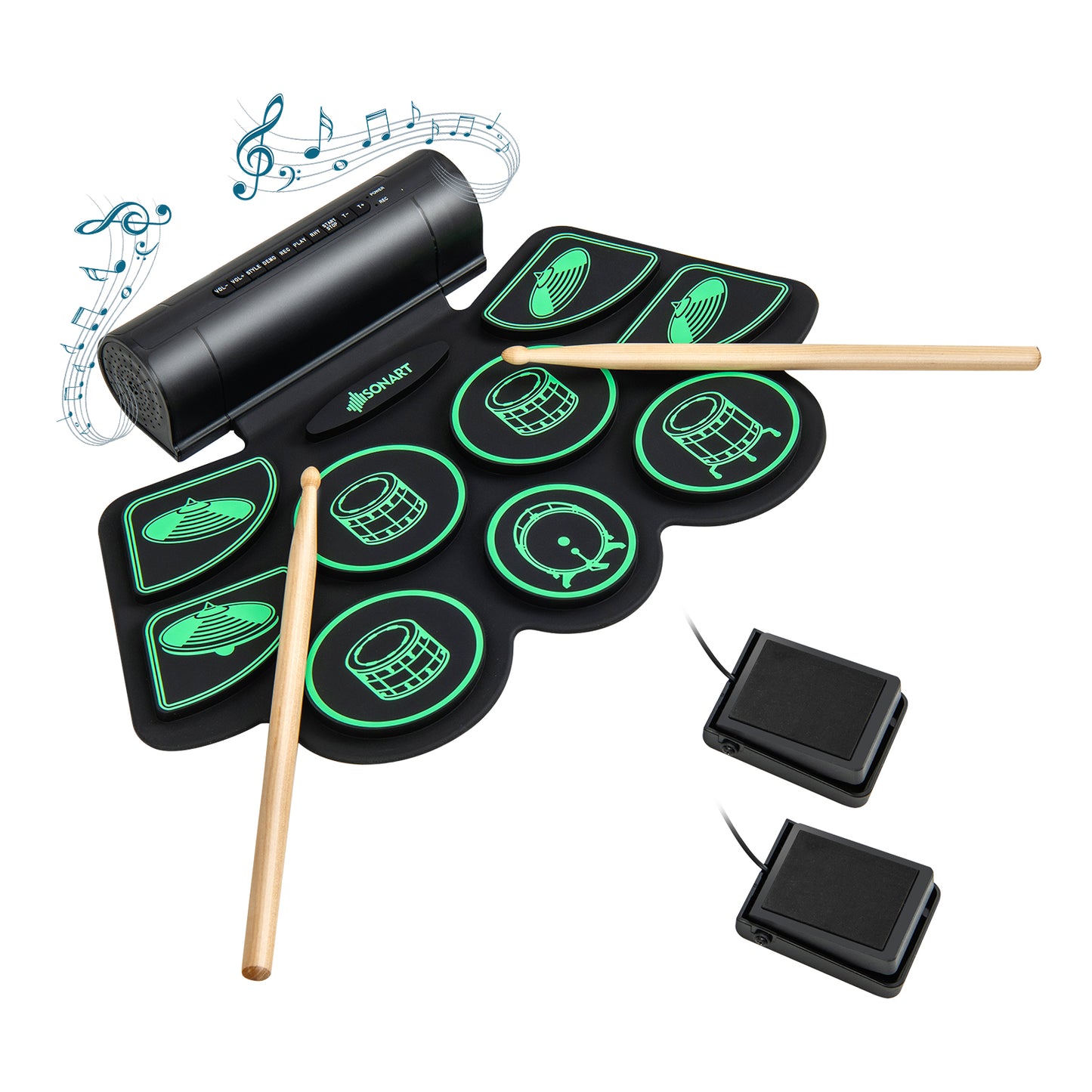Infans 9 Pads Electronic Drum Set Roll Up Drum Kit w/ MIDI & Dual Stereo Speakers Green