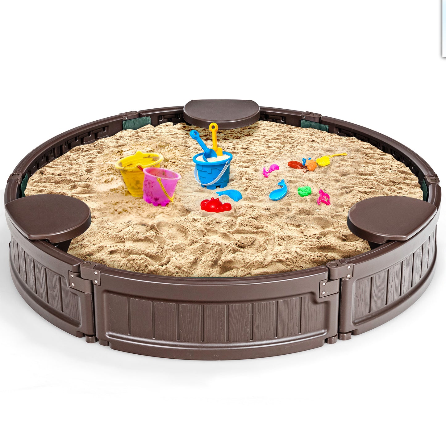 Infans 4F Wooden Sandbox w/Built-in Corner Seat, Cover, Bottom Liner for Outdoor Play
