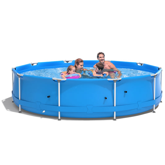 Infans Round Above Ground Swimming Pool Patio Frame Pool W/ Pool Cover Iron Frame Blue