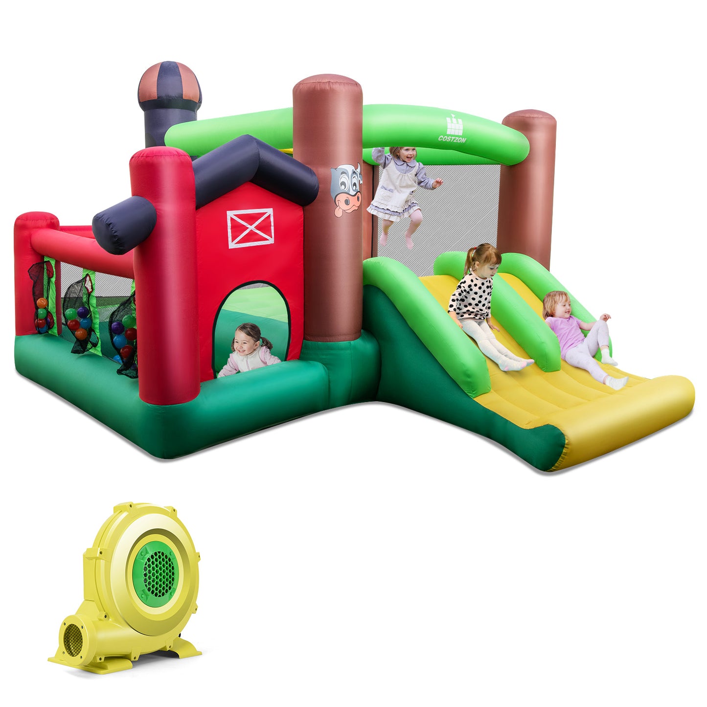 Infans Farm Themed Inflatable Castle Kids Bounce House w/ Double Slides & 735W Blower