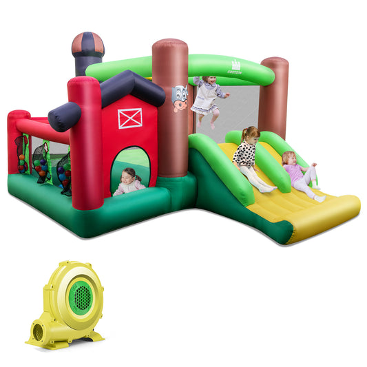 Infans Farm Themed Inflatable Castle Kids Bounce House w/ Double Slides & 735W Blower
