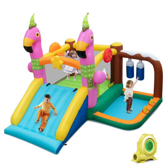 Infans Flamingo-Themed Bounce Castle 7-in-1 Kids Inflatable Jumping House w/735W Blower