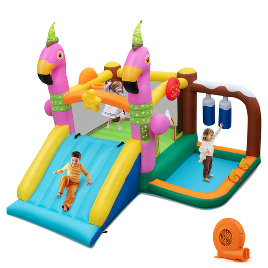 Infans Flamingo-Themed Bounce Castle 7-in-1 Kids Inflatable Jumping House w/750W Blower