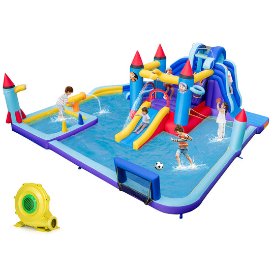 Infans Rocket Theme Inflatable Water Slide Park w/ 1100W Blower 2 Slides Splash Pool