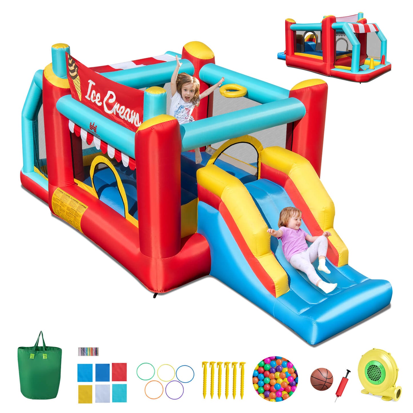 Infans Inflatable Bounce House 5-in-1 Ice Cream Jumping Castle with 480W Blower