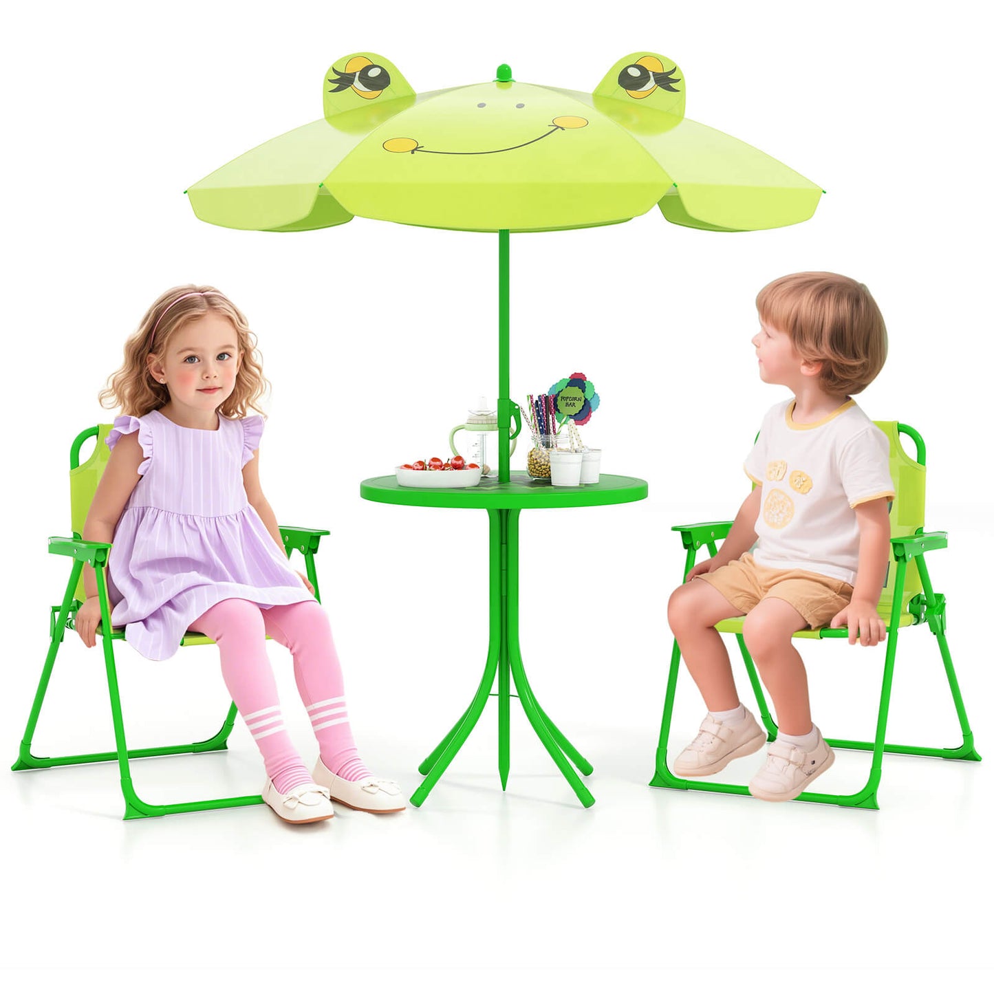 Infans Kids Picnic Table and Chair Set with 2 Folding Chairs and Height Adjustable UmbrellaMulticolor