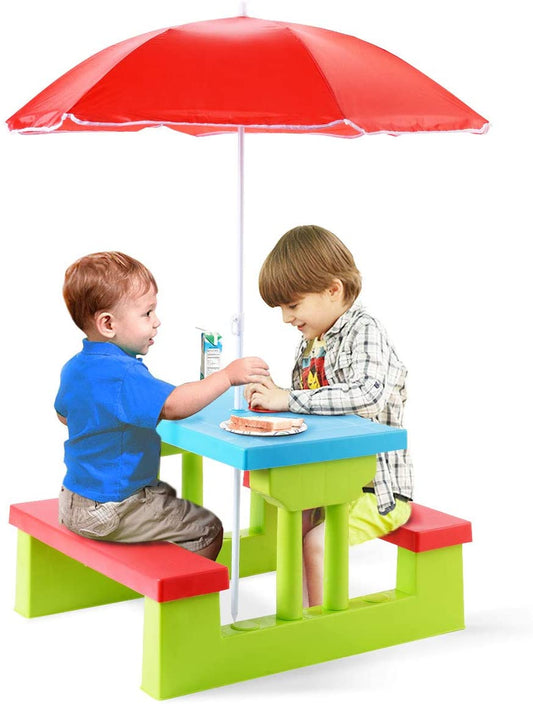 Infans 4 Seat Kids Picnic Table w/Umbrella Garden Yard Folding Children Bench Outdoor