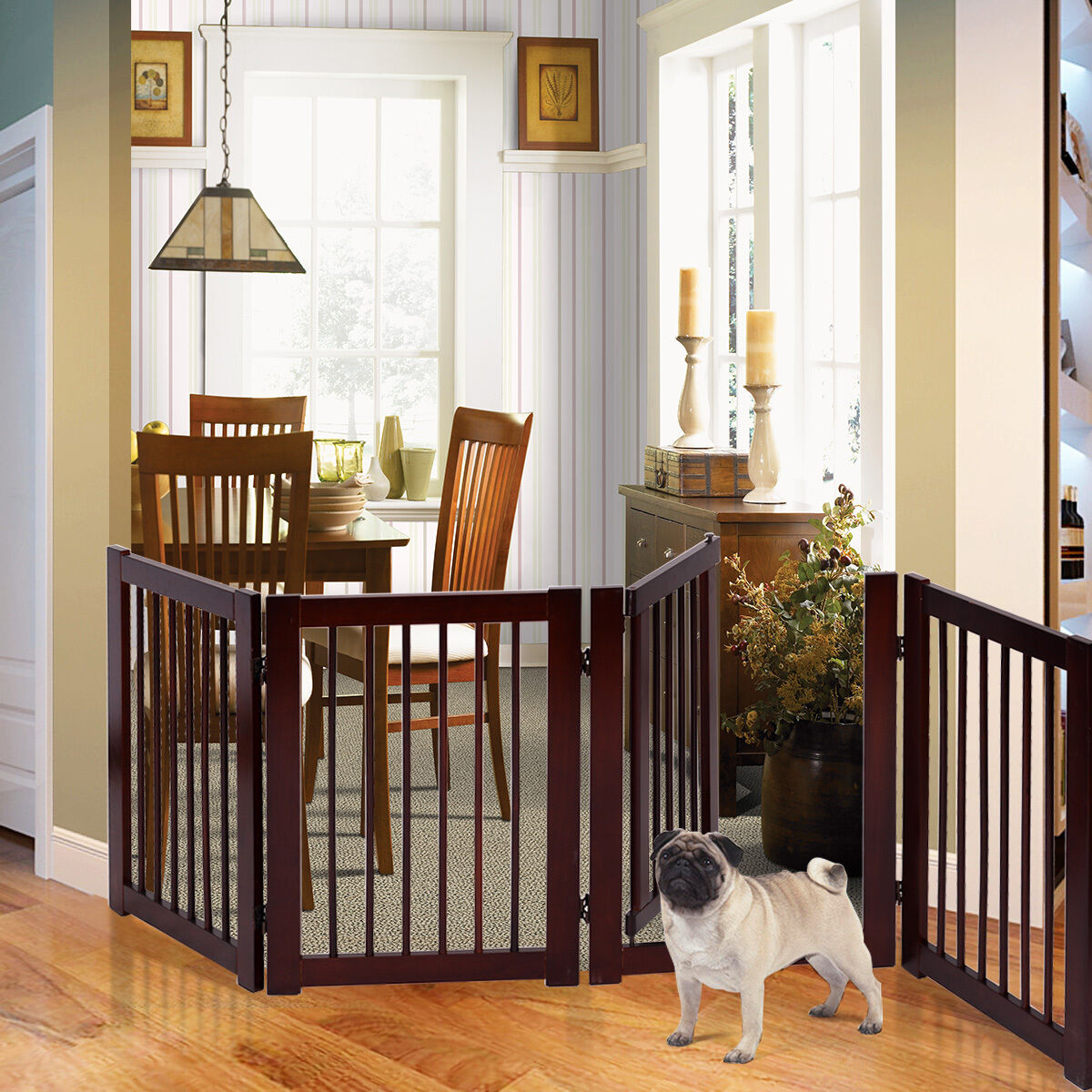 Infans 30 inch Configurable Folding Free Standing 4 Panel Wood Pet Dog Safety Fence w/ Gate