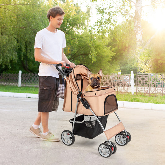 Infans Folding Pet Stroller 4-Wheel Pet Travel Carrier w/Storage Basket Beige