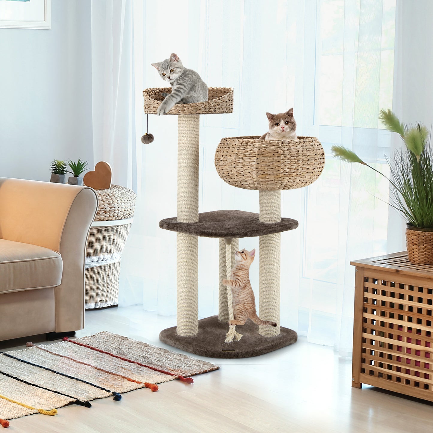 Infans 41 inch Rattan Cat Tree Cat Activity Tree w/Napping Perch & Hanging Rope