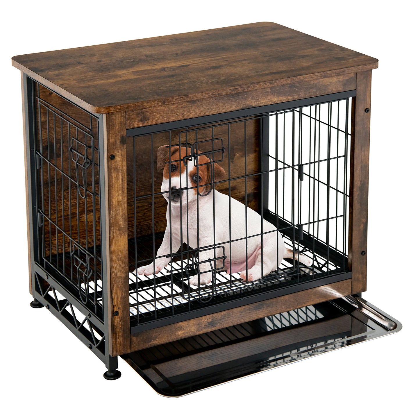 Infans Wooden Dog Crate Furniture with Tray Double Door Dog Kennels End Table