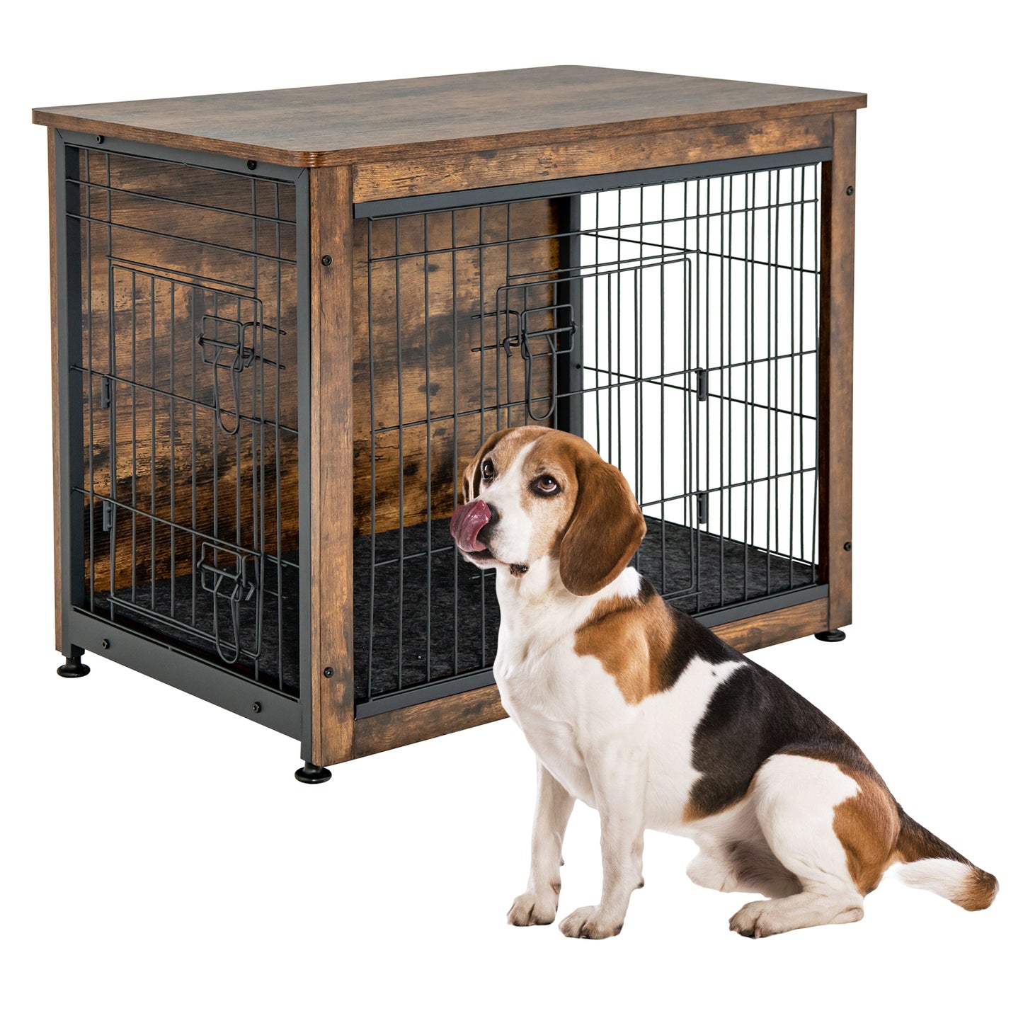 Infans Wooden Dog Crate Furniture with Pad Bed Double Doors Dog Kennel End Table