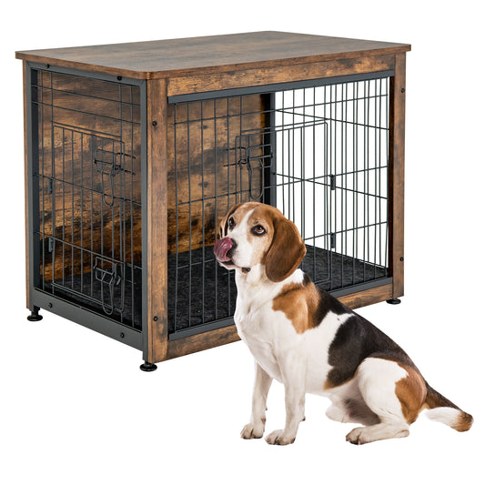 Infans Wooden Dog Crate Furniture with Pad Bed Double Doors Dog Kennel End Table