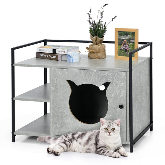 Infans Cat Litter Box Enclosure Hidden Litter Furniture Cabinet W/ 2-Tier Storage ShelfGray