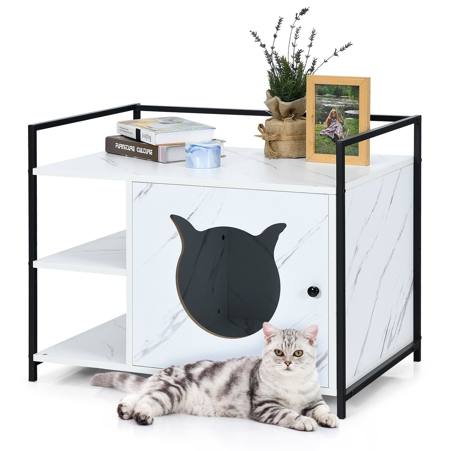 Infans Cat Litter Box Enclosure Hidden Litter Furniture Cabinet W/ 2-Tier Storage ShelfWhite
