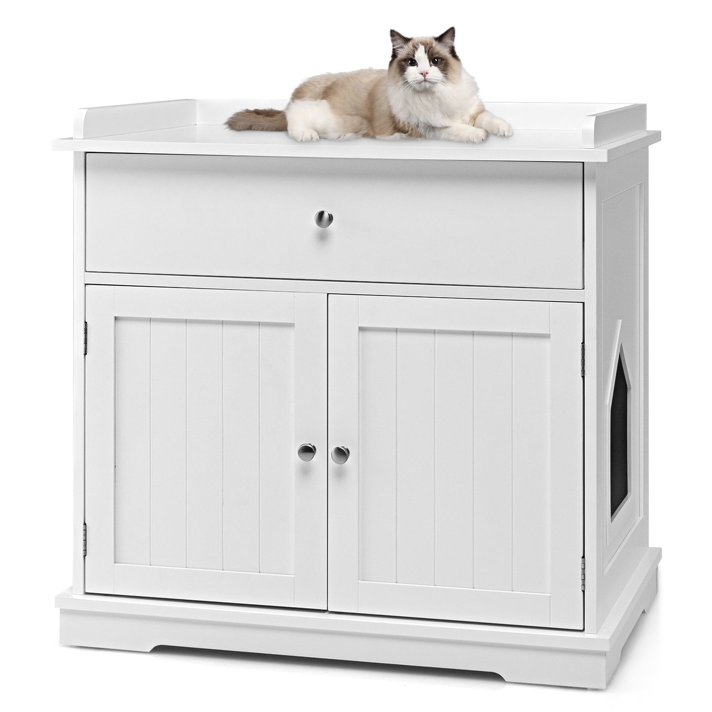 Infans Wooden Cat Litter Box Enclosure W W/ Drawer Side Table Furniture White