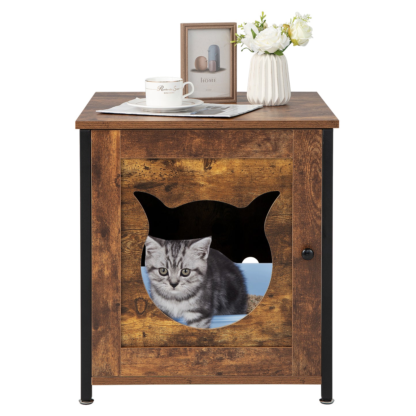 Infans Cat Litter Box Enclosure w/ Metal Frame & Adjustable Feet Brown