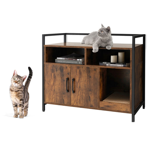 Infans Large Litter Box Enclosure Cat Wooden Storage Cabinet with 2 Doors Coffee