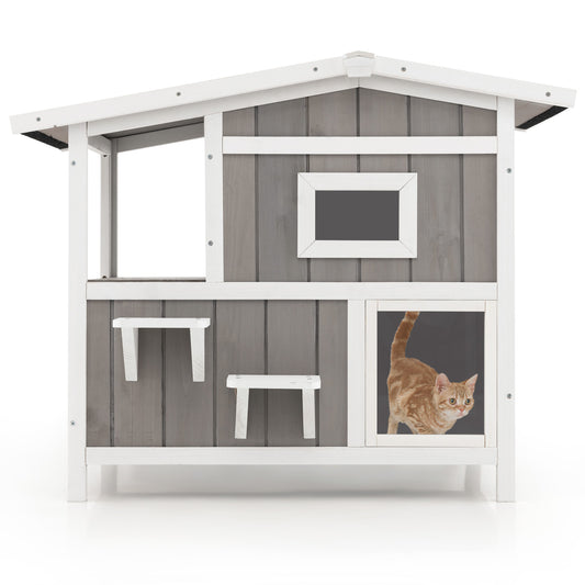Infans Outdoor Feral Cat House 2-Story Wooden Cat Shelter with Escape Door