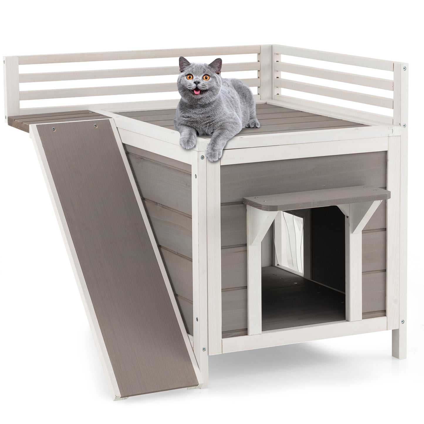 Infans Outdoor Feral Cat House Wooden Kitty Shelter with Balcony & Slide
