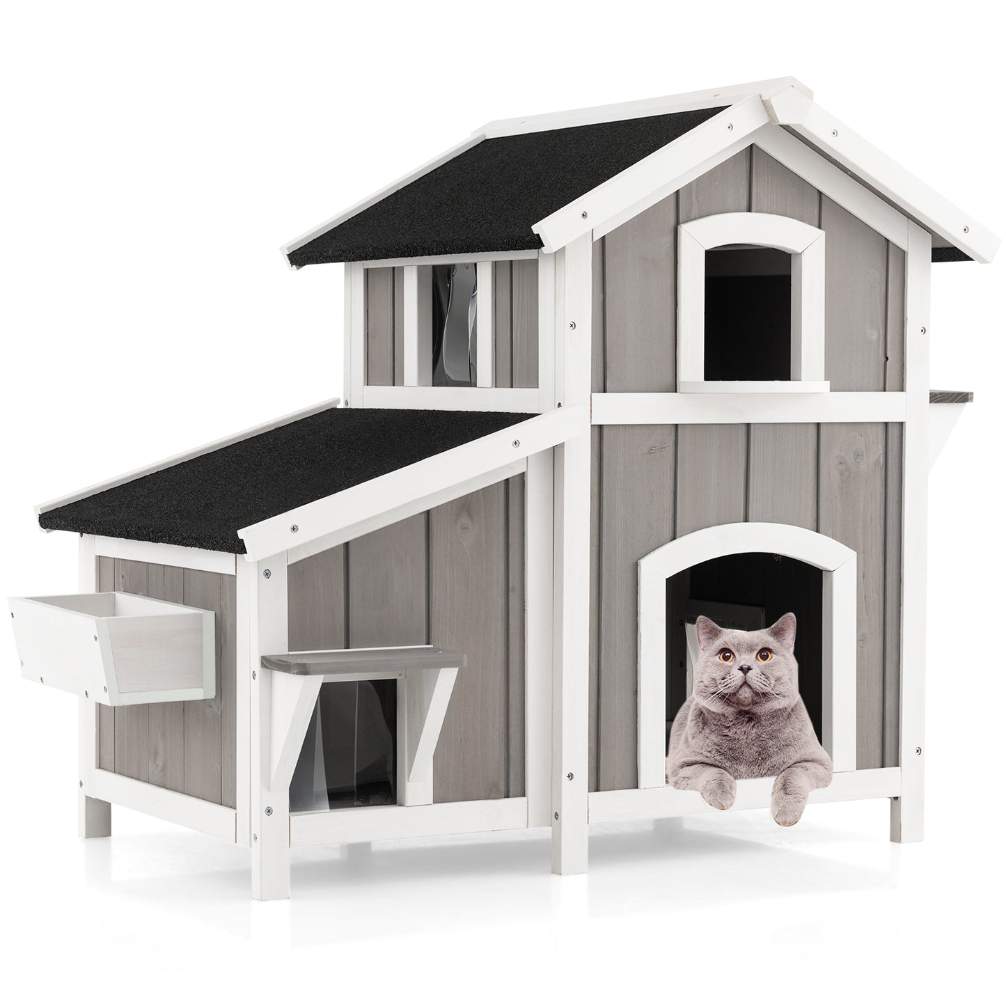 Infans Outdoor Feral Cat House 2-Story Wooden Kitty Shelter with Escape Door