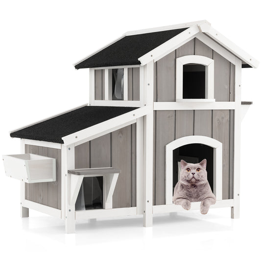 Infans Outdoor Feral Cat House 2-Story Wooden Kitty Shelter with Escape Door