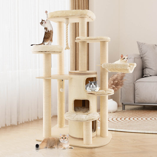 Infans Wooden Cat Tree Multi-Level Kitten Tower w/ Condo Perches Scratching Posts Beige