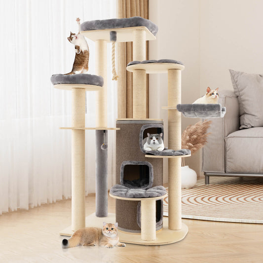 Infans Wooden Cat Tree Multi-Level Kitten Tower w/ Condo Perches Scratching Posts Grey