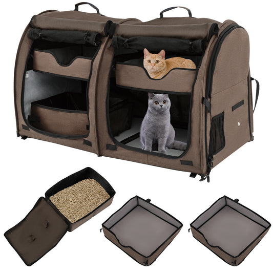 Infans Portable Pet Carrier Kennel Cat Dog Crate Twin Compartments w/ Mats Litter BoxBrown